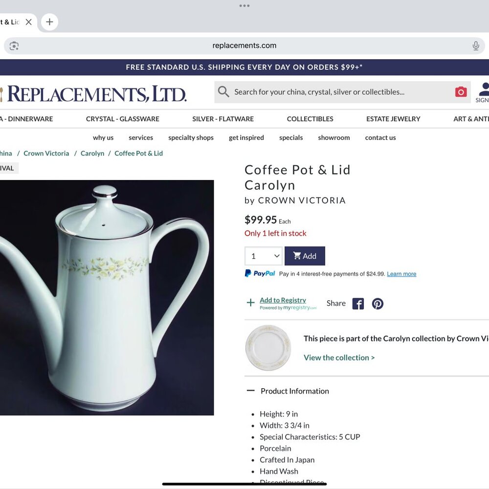 Crown Victoria - Carolyn - Coffee Pot & Lid